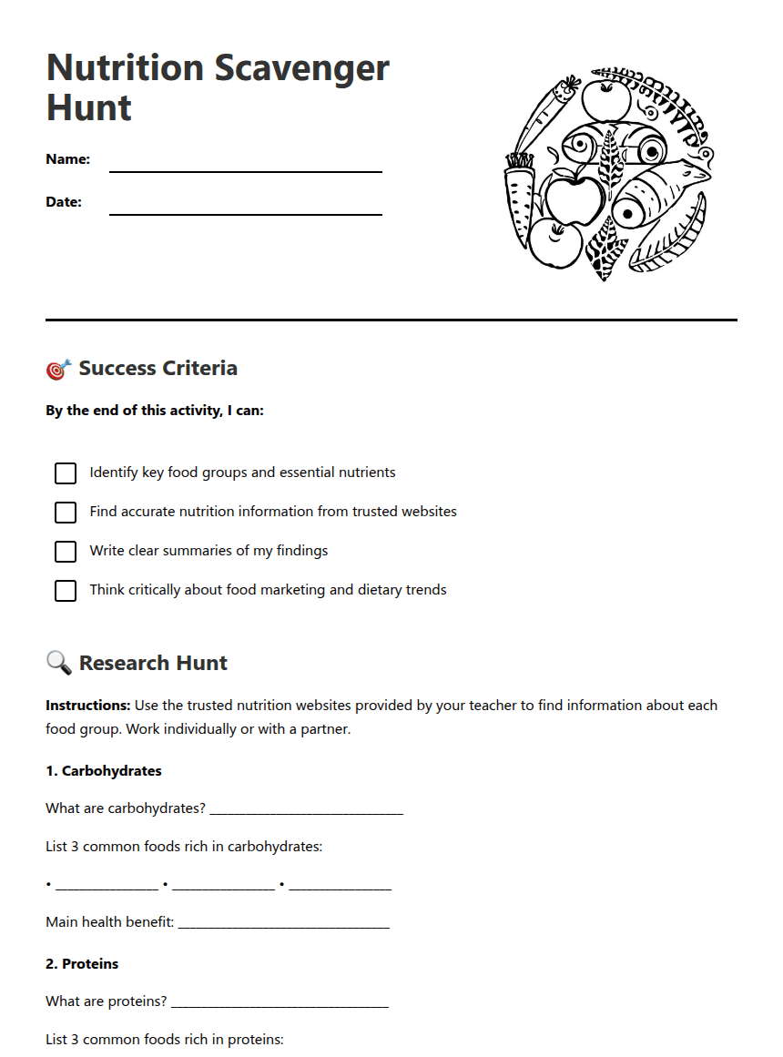 Nutrition Scavenger Hunt worksheet preview