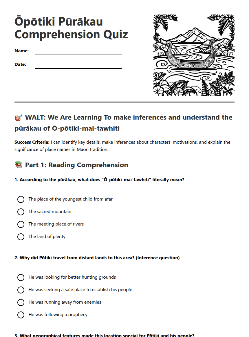 Ōpōtiki Pūrākau Comprehension Quiz worksheet preview