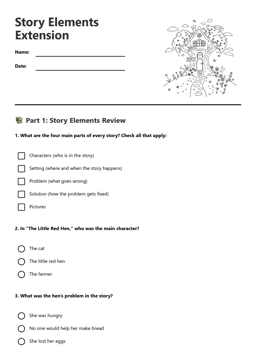 Story Elements Extension worksheet preview