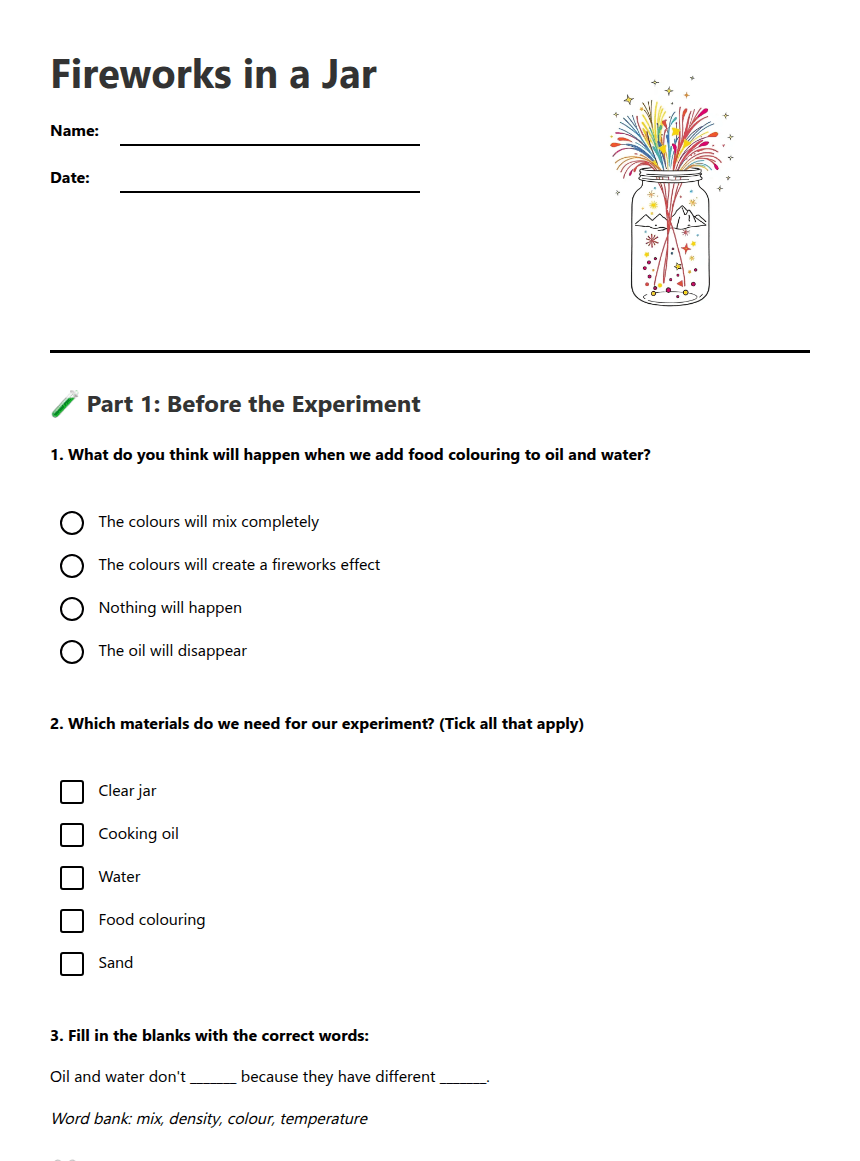 Fireworks in a Jar worksheet preview