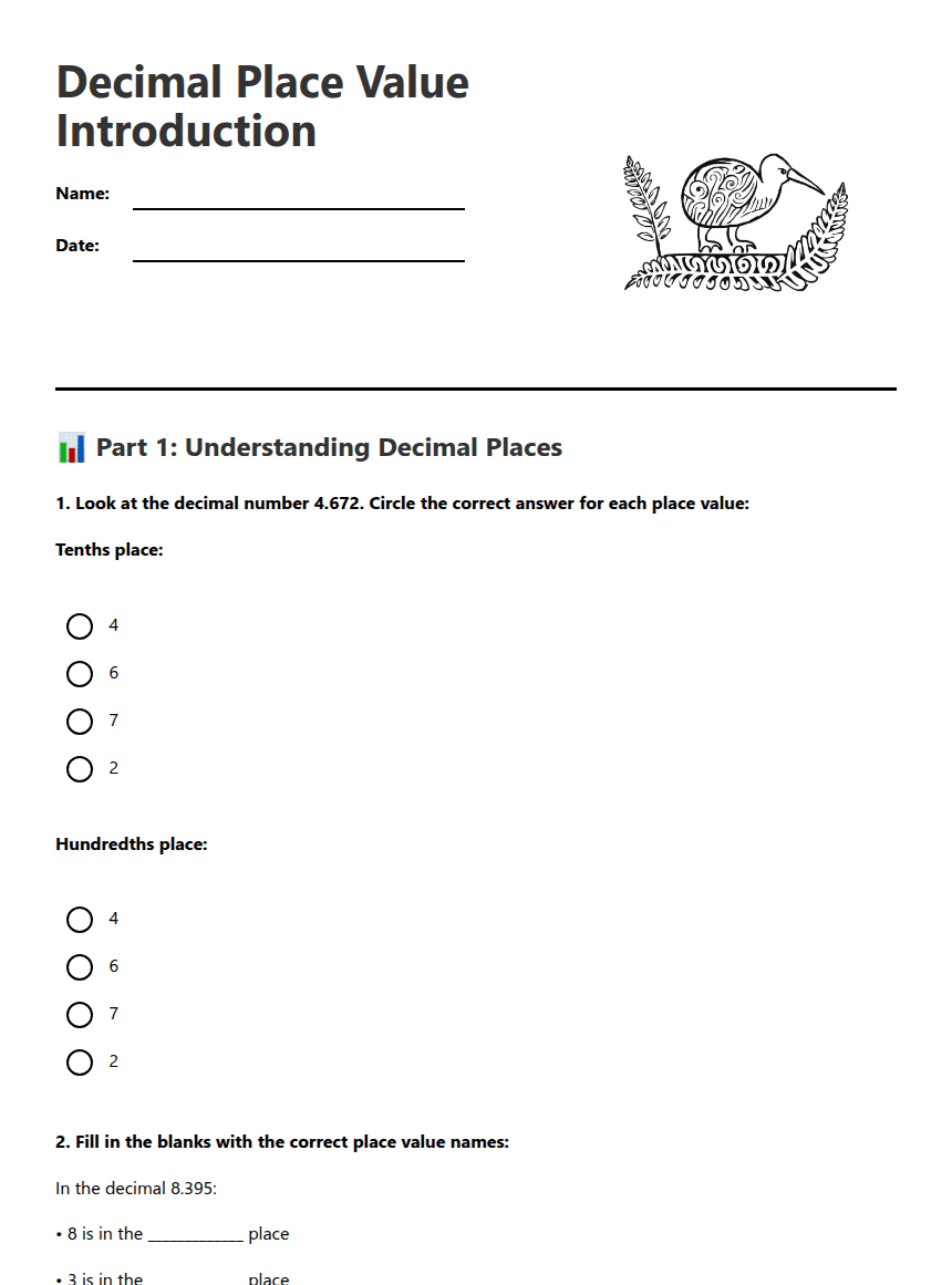 Decimal Place Value Introduction worksheet preview