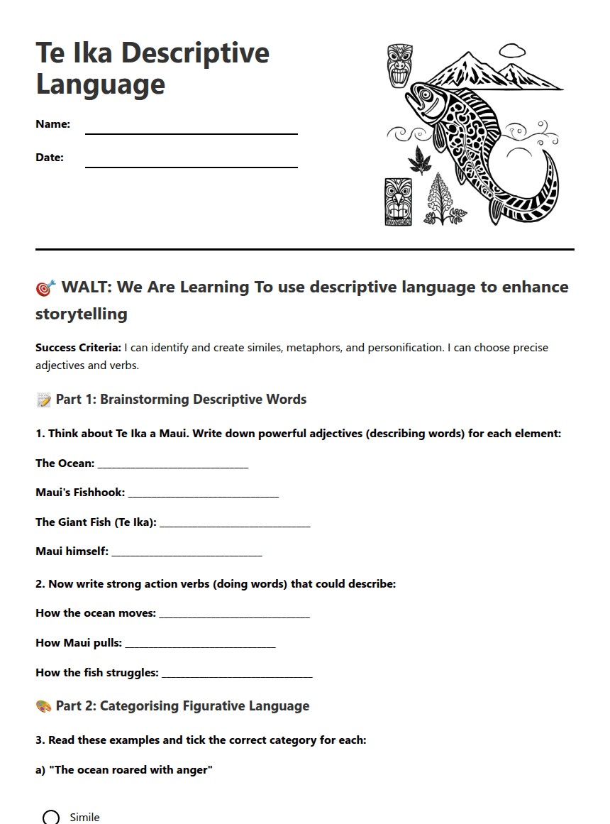Te Ika Descriptive Language worksheet preview