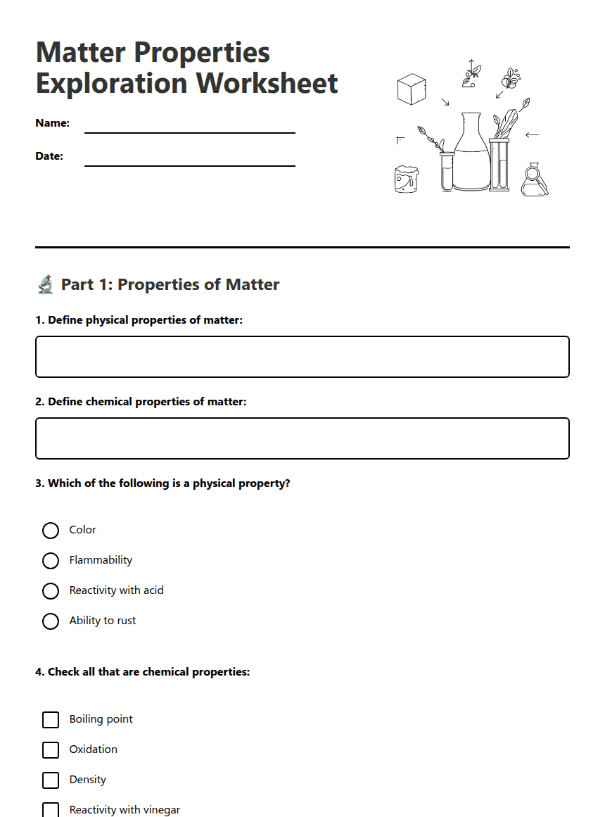 Matter Properties Exploration Worksheet worksheet preview
