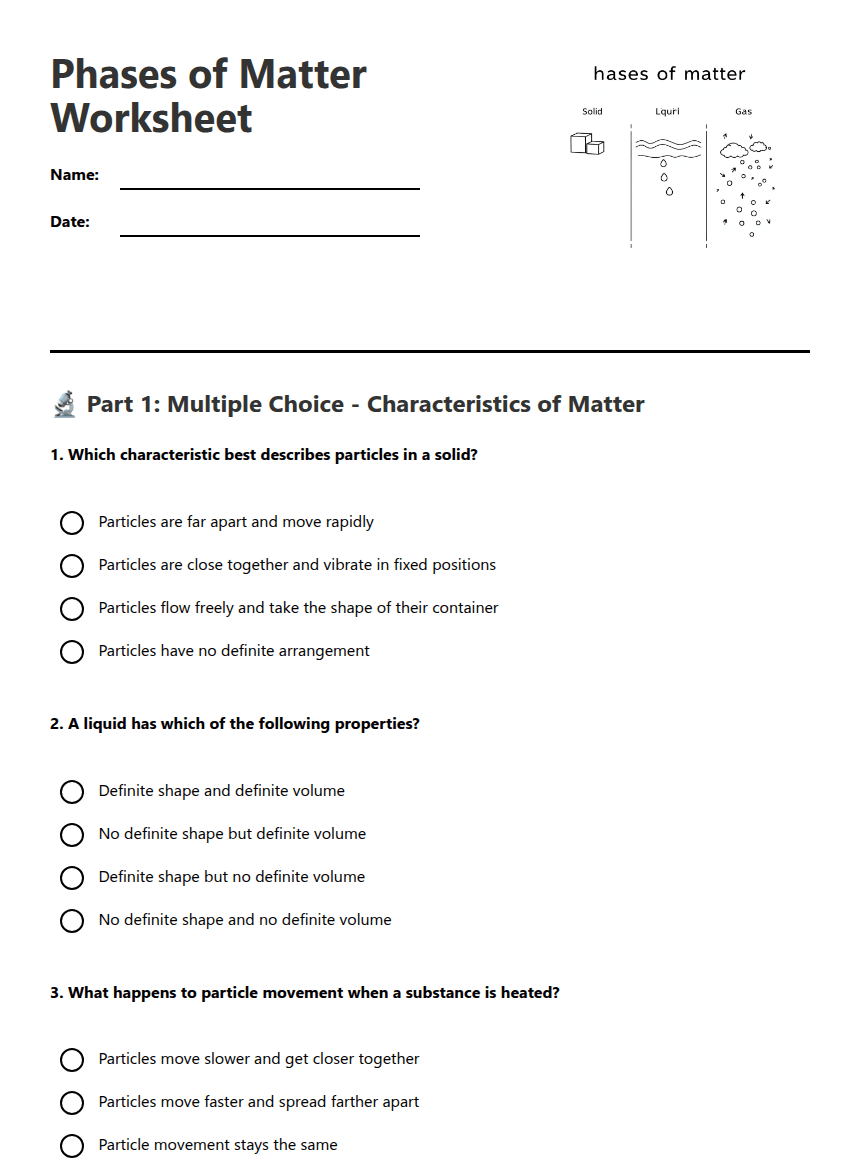 Phases of Matter Worksheet worksheet preview