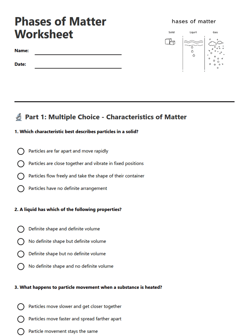 Phases of Matter Worksheet