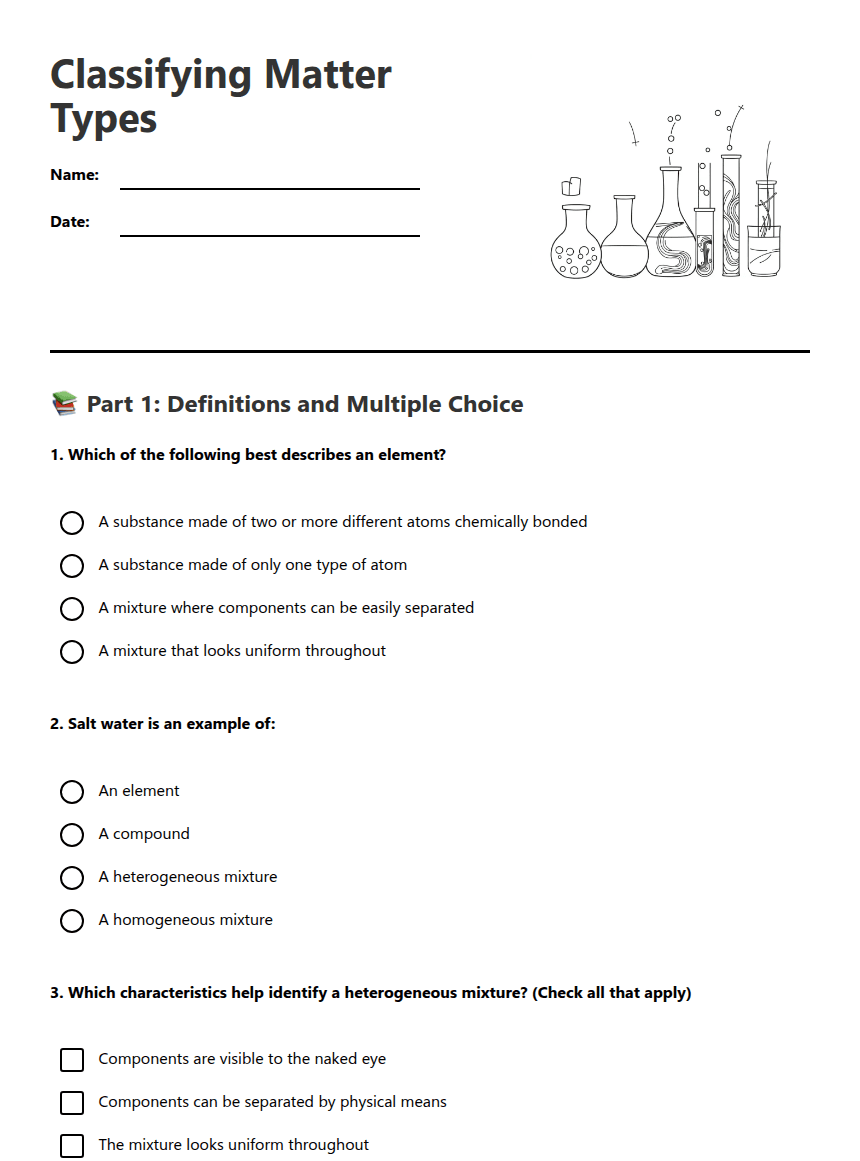 Classifying Matter Types worksheet preview