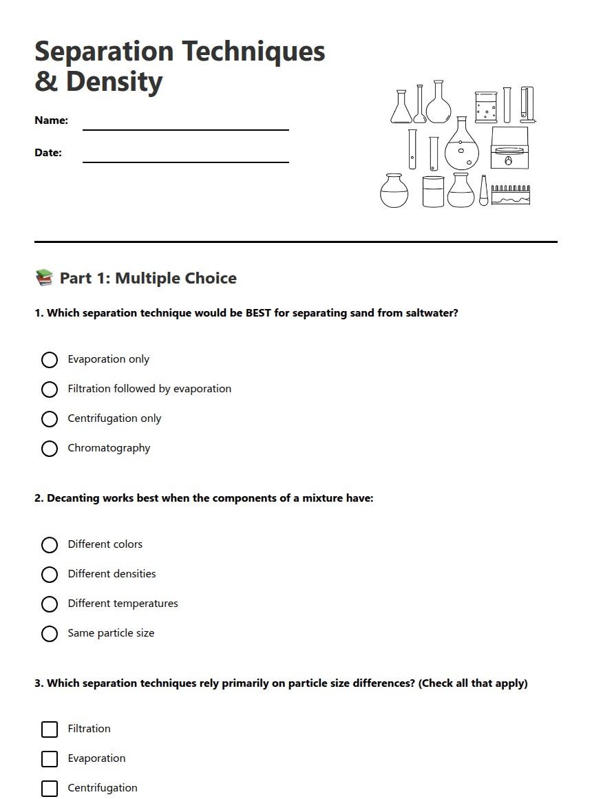 Separation Techniques & Density worksheet preview