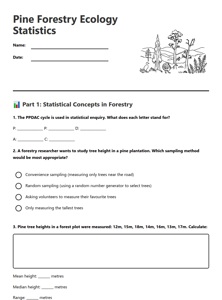 Pine Forestry Ecology Statistics worksheet preview