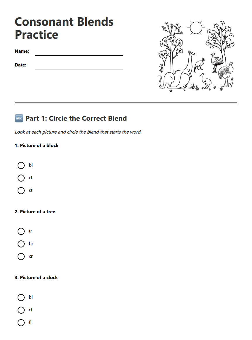 Consonant Blends Practice worksheet preview