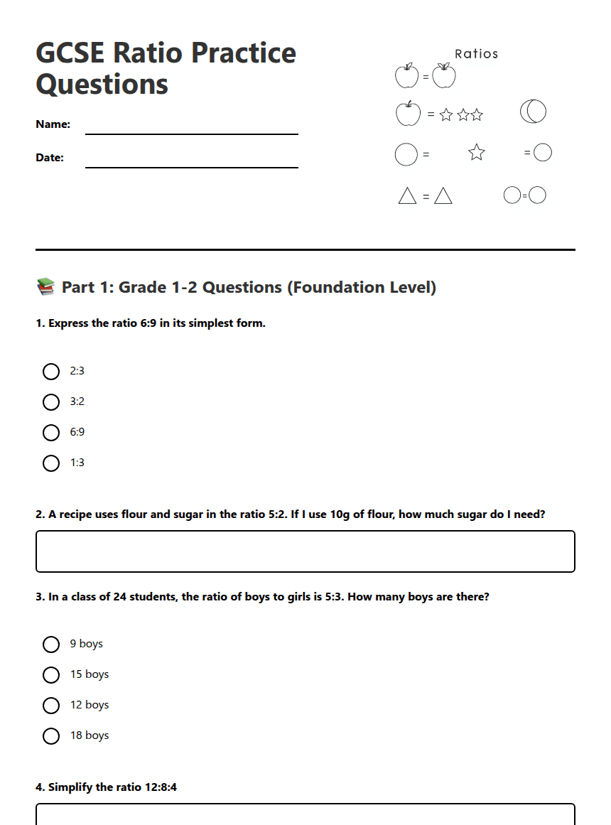GCSE Ratio Practice Questions worksheet preview