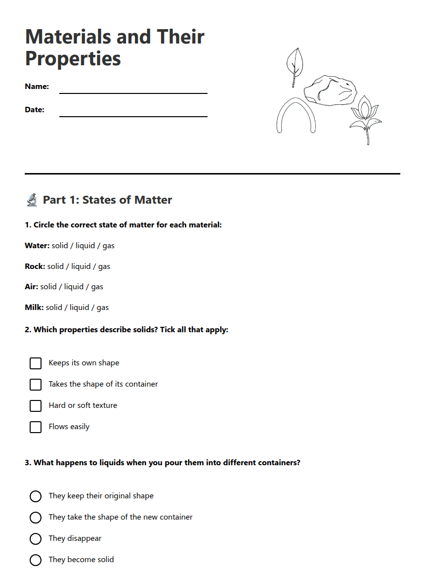 Materials and Their Properties worksheet preview