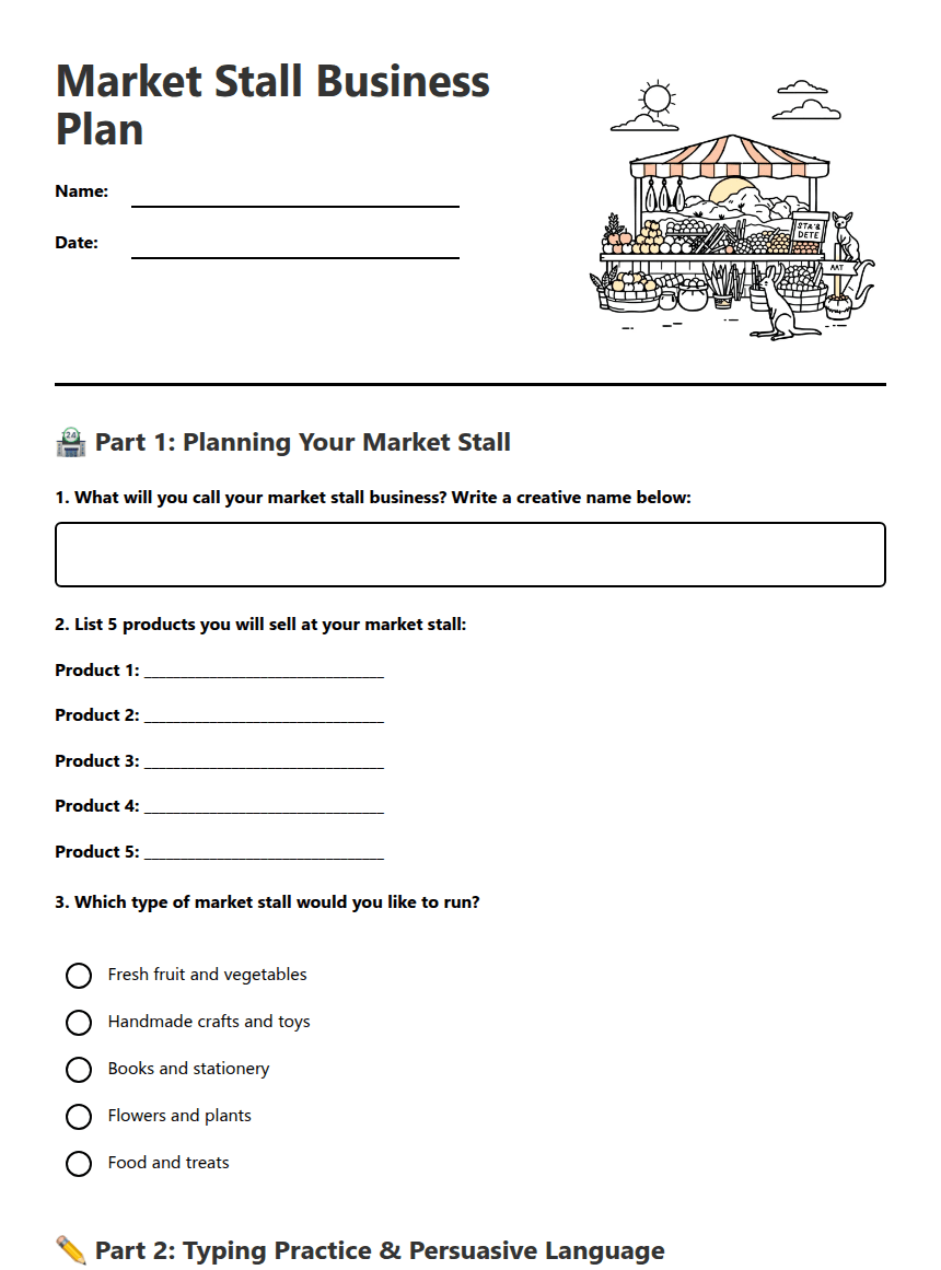 Market Stall Business Plan worksheet preview