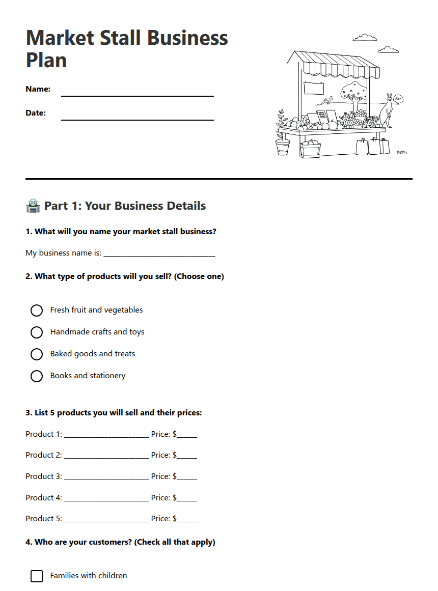 Market Stall Business Plan worksheet preview