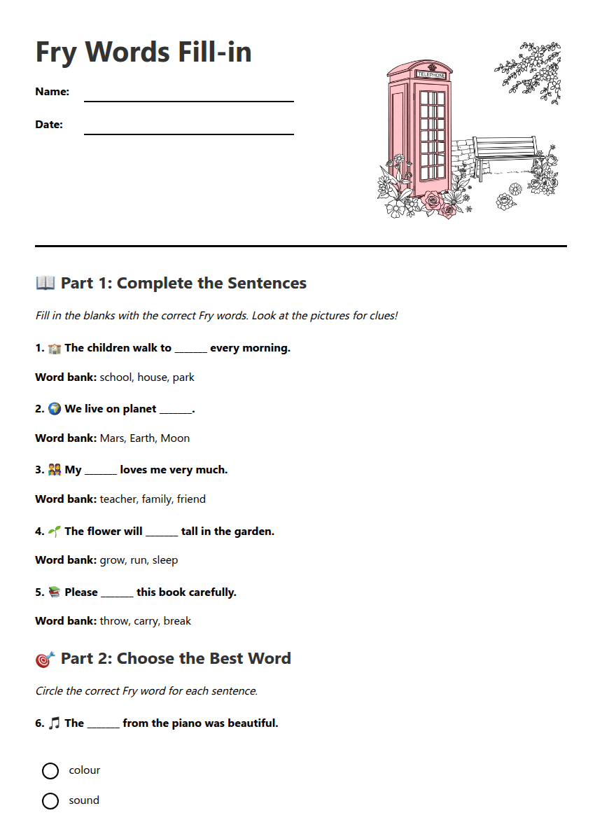 Fry Words Fill-in worksheet preview