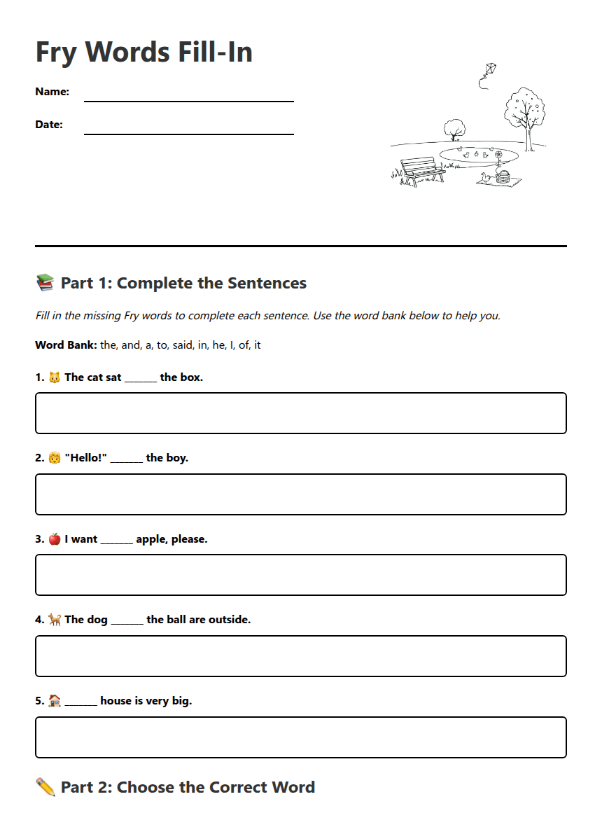 Fry Words Fill-In worksheet preview