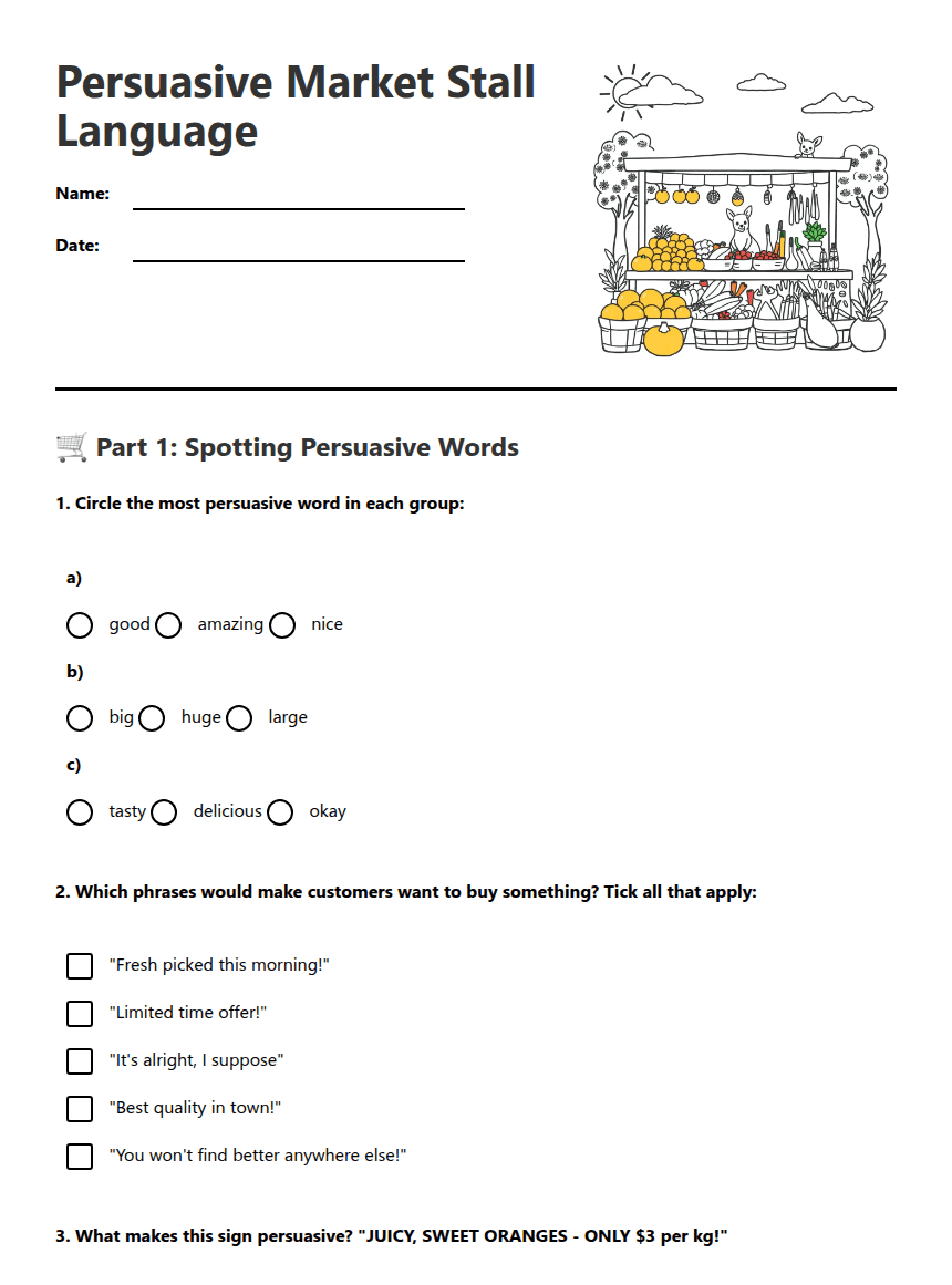 Persuasive Market Stall Language worksheet preview