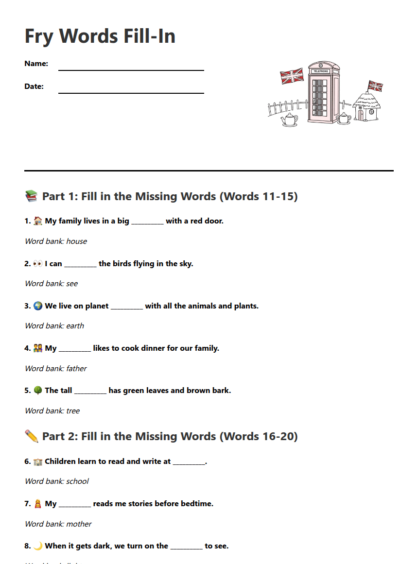 Fry Words Fill-In worksheet preview