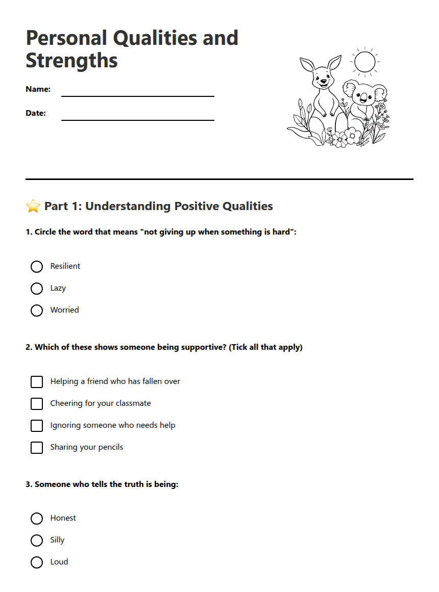 Personal Qualities and Strengths worksheet preview