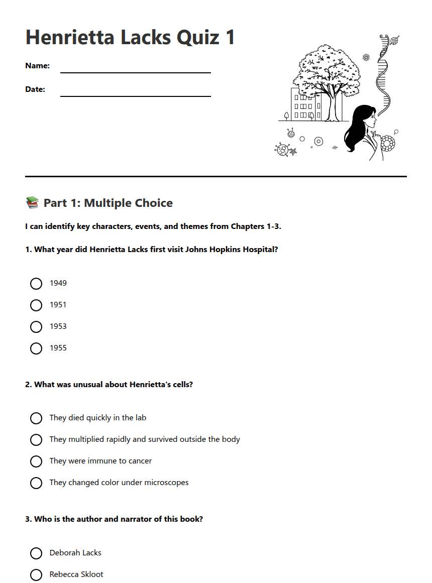 Henrietta Lacks Quiz 1 worksheet preview
