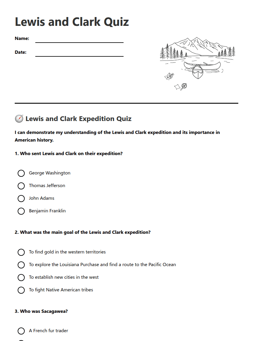 Lewis and Clark Quiz worksheet preview
