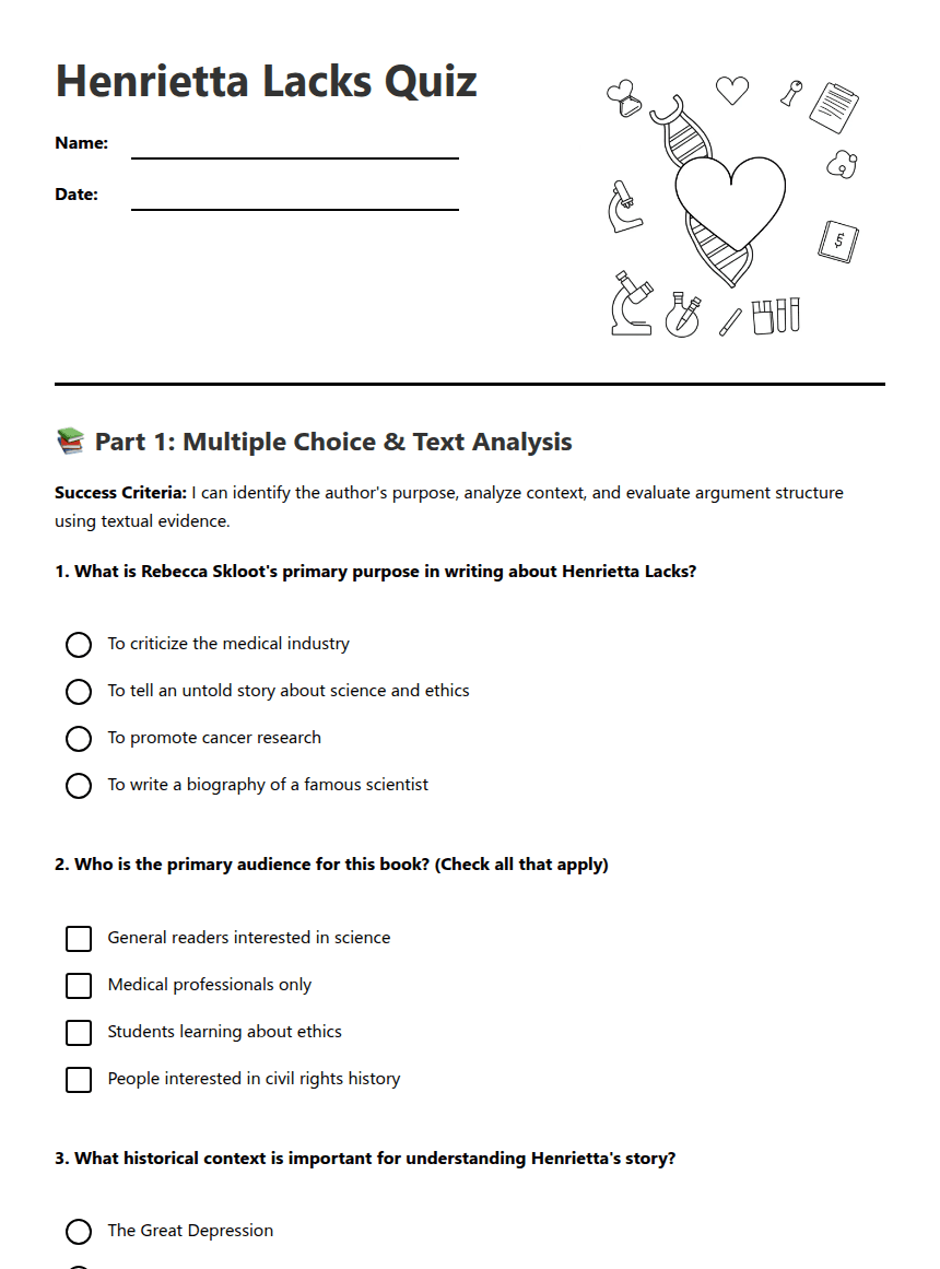 Henrietta Lacks Quiz worksheet preview