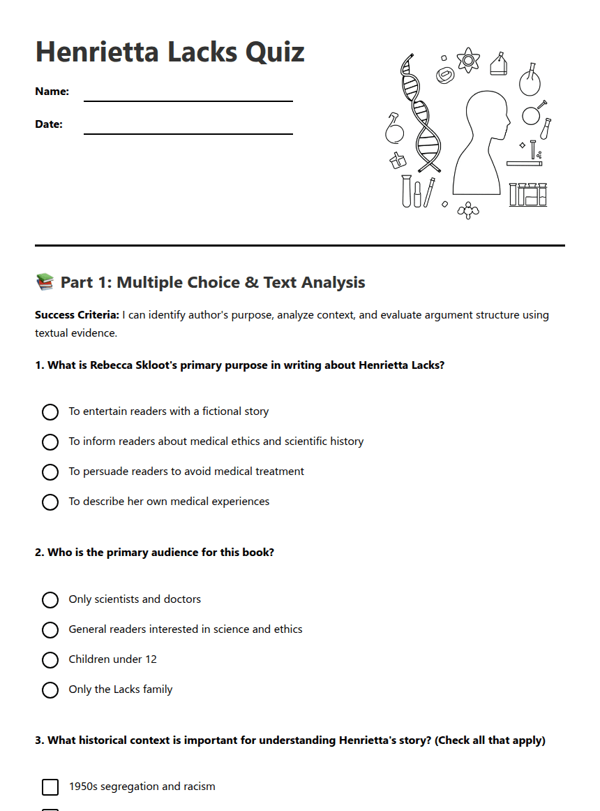 Henrietta Lacks Quiz worksheet preview