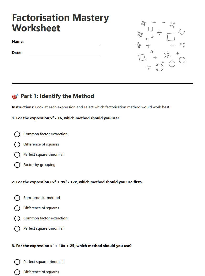 Factorisation Mastery Worksheet worksheet preview