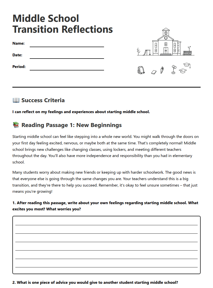 Middle School Transition Reflections worksheet preview
