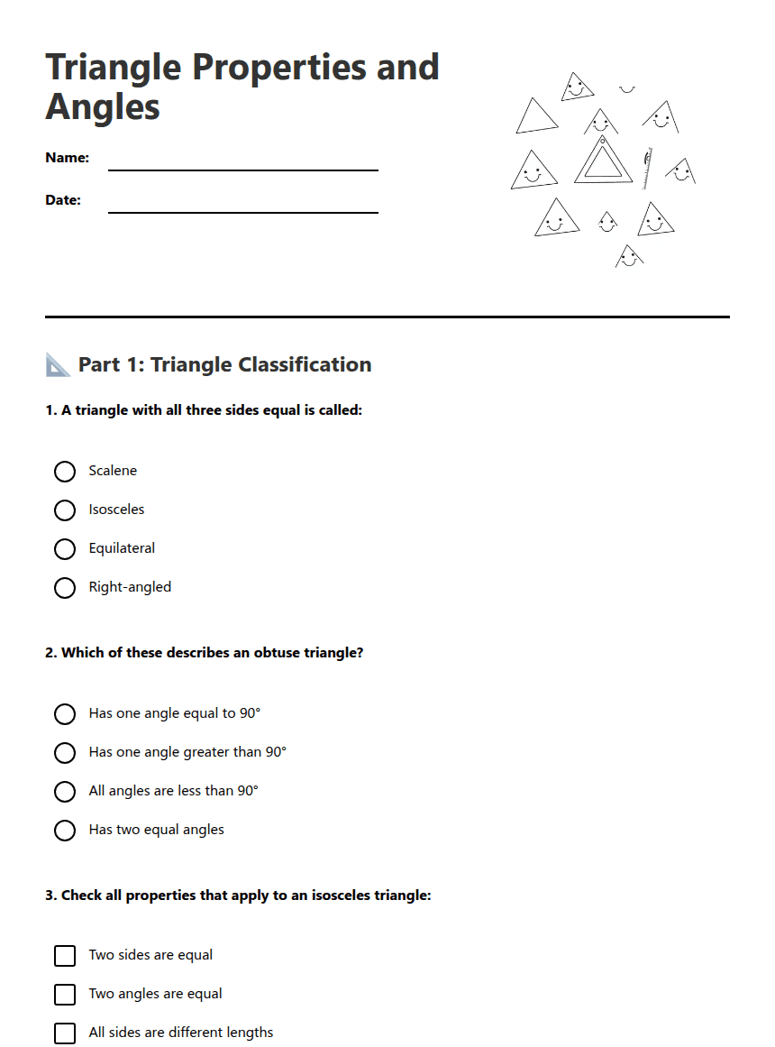 Triangle Properties and Angles worksheet preview