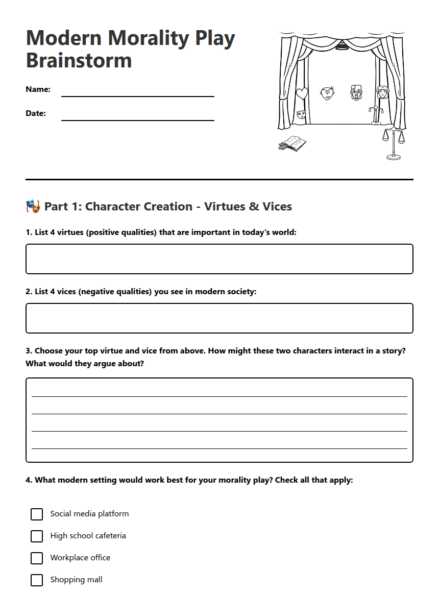 Modern Morality Play Brainstorm worksheet preview