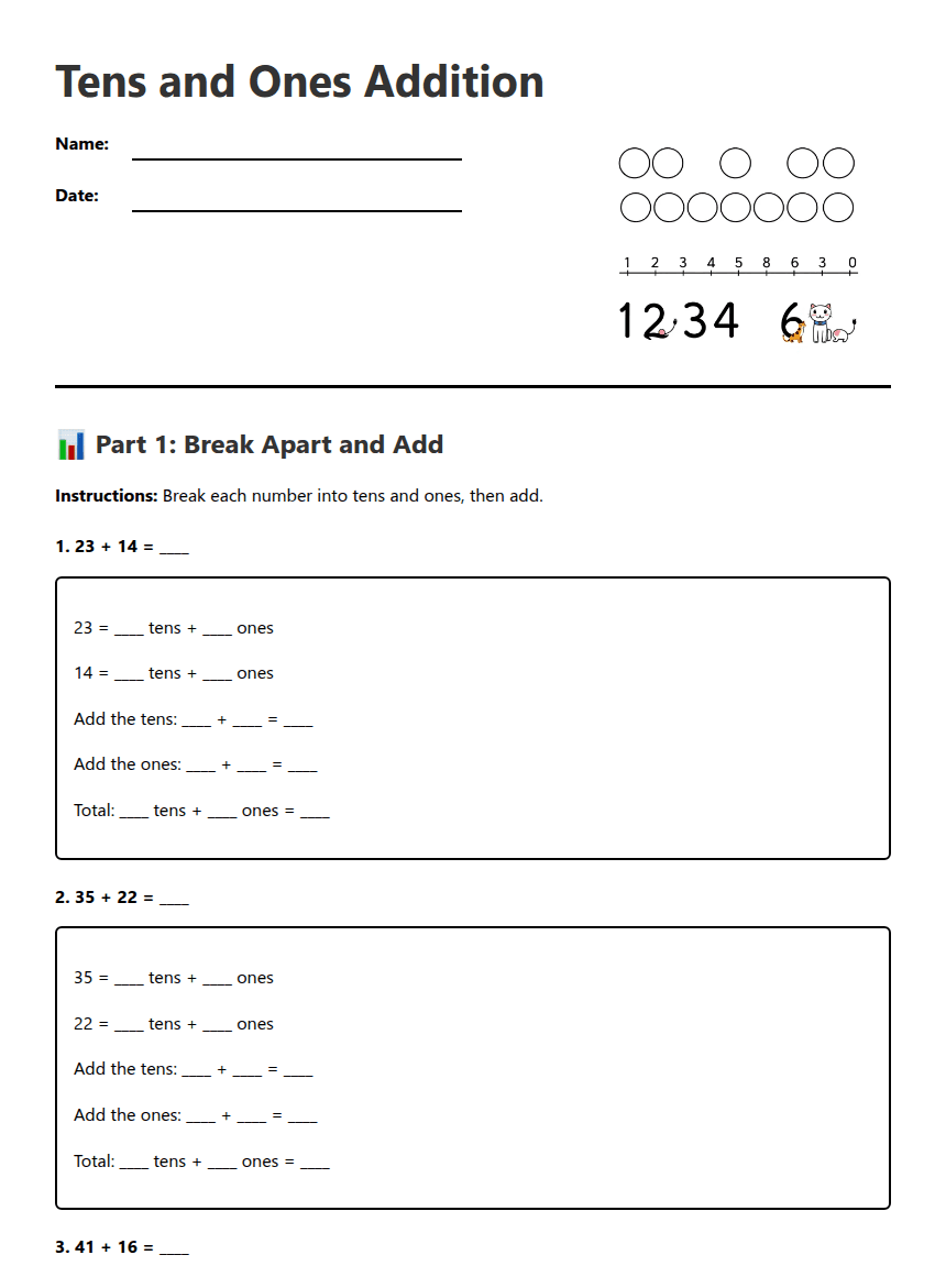 Tens and Ones Addition worksheet preview