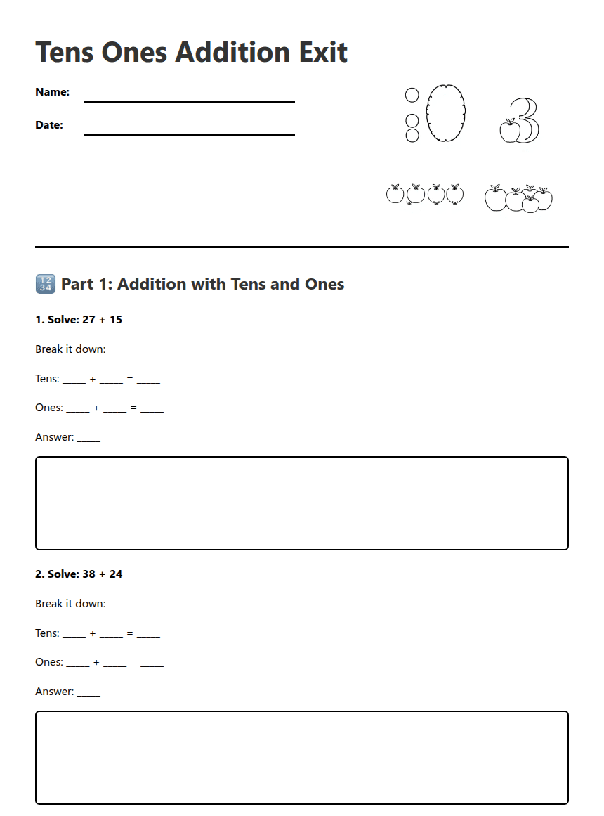 Tens Ones Addition Exit worksheet preview