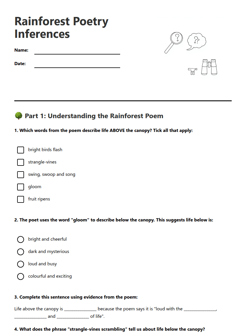 Rainforest Poetry Inferences worksheet preview