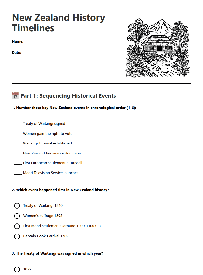 New Zealand History Timelines worksheet preview