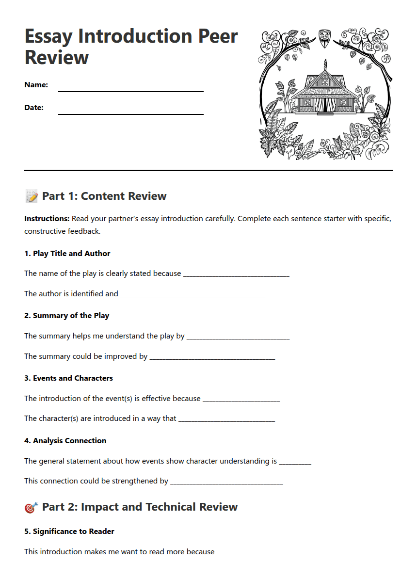 Essay Introduction Peer Review worksheet preview