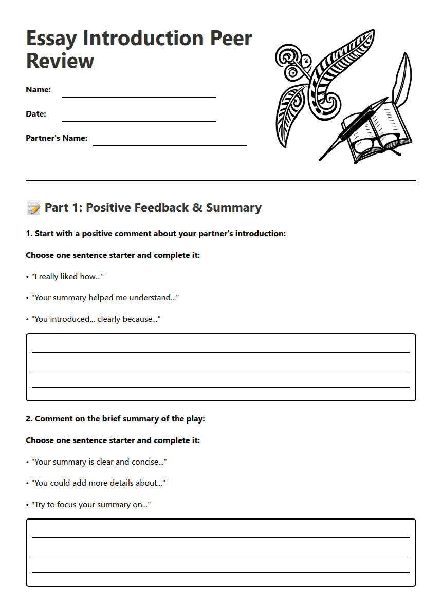 Essay Introduction Peer Review worksheet preview