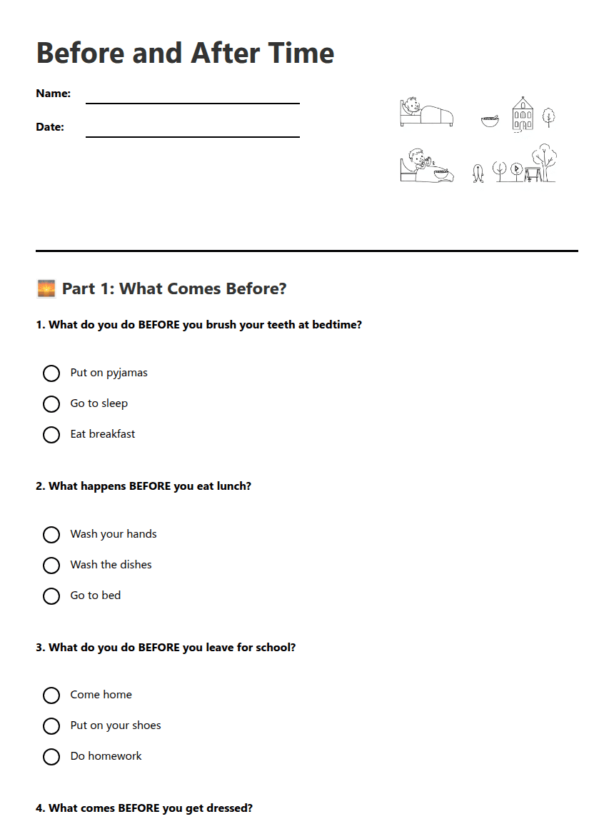 Before and After Time worksheet preview