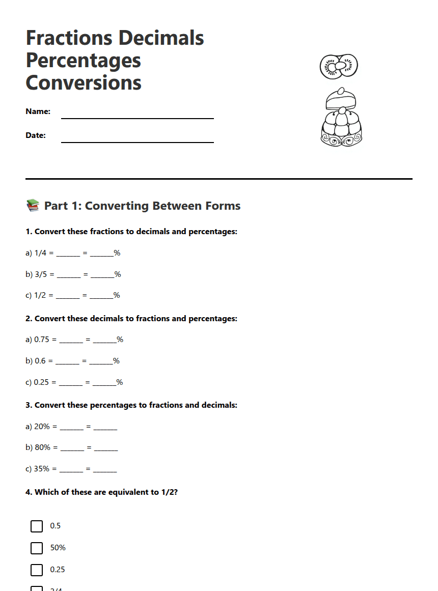 Fractions Decimals Percentages Conversions worksheet preview