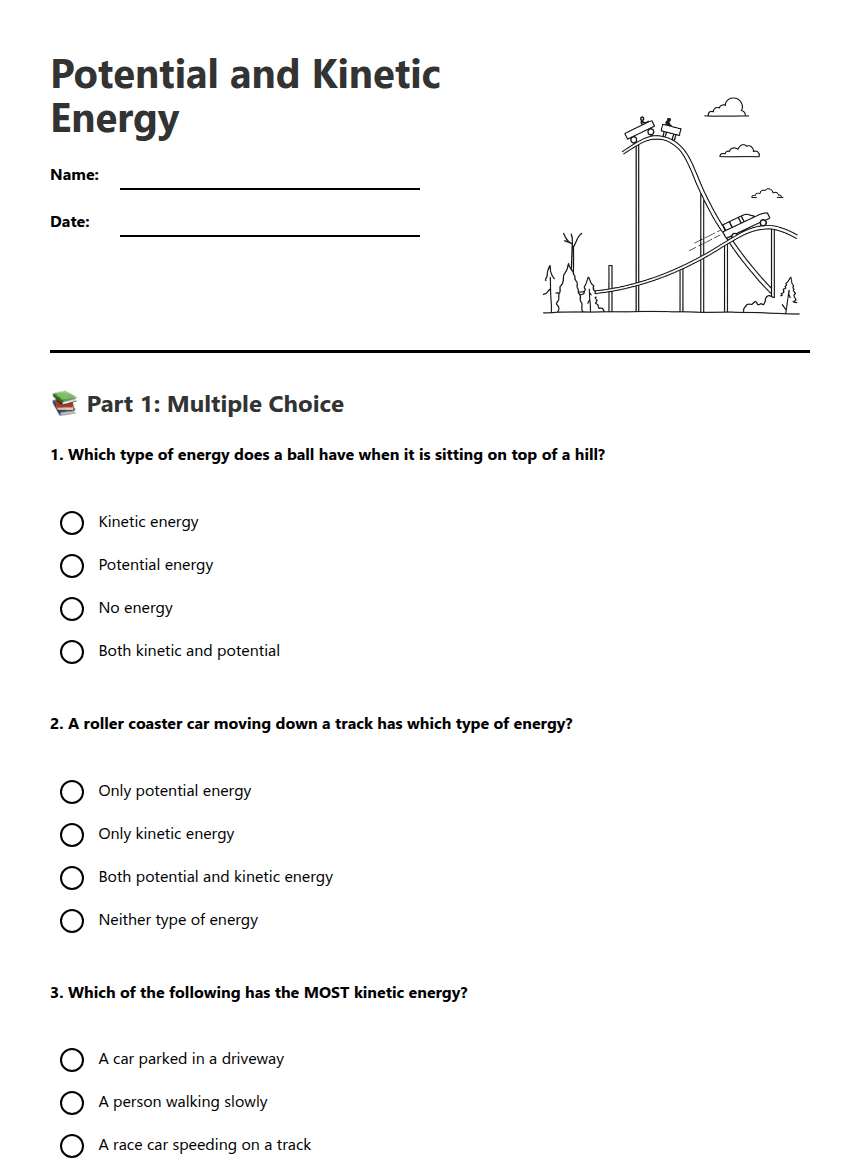 Potential and Kinetic Energy worksheet preview