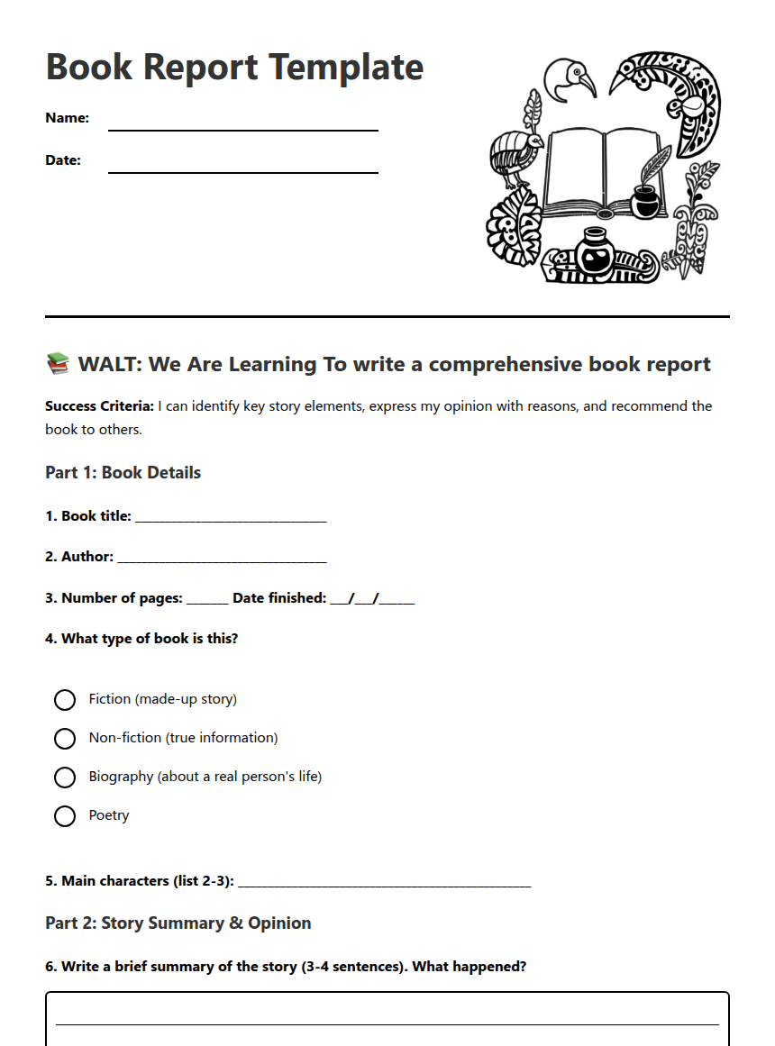 Book Report Template worksheet preview