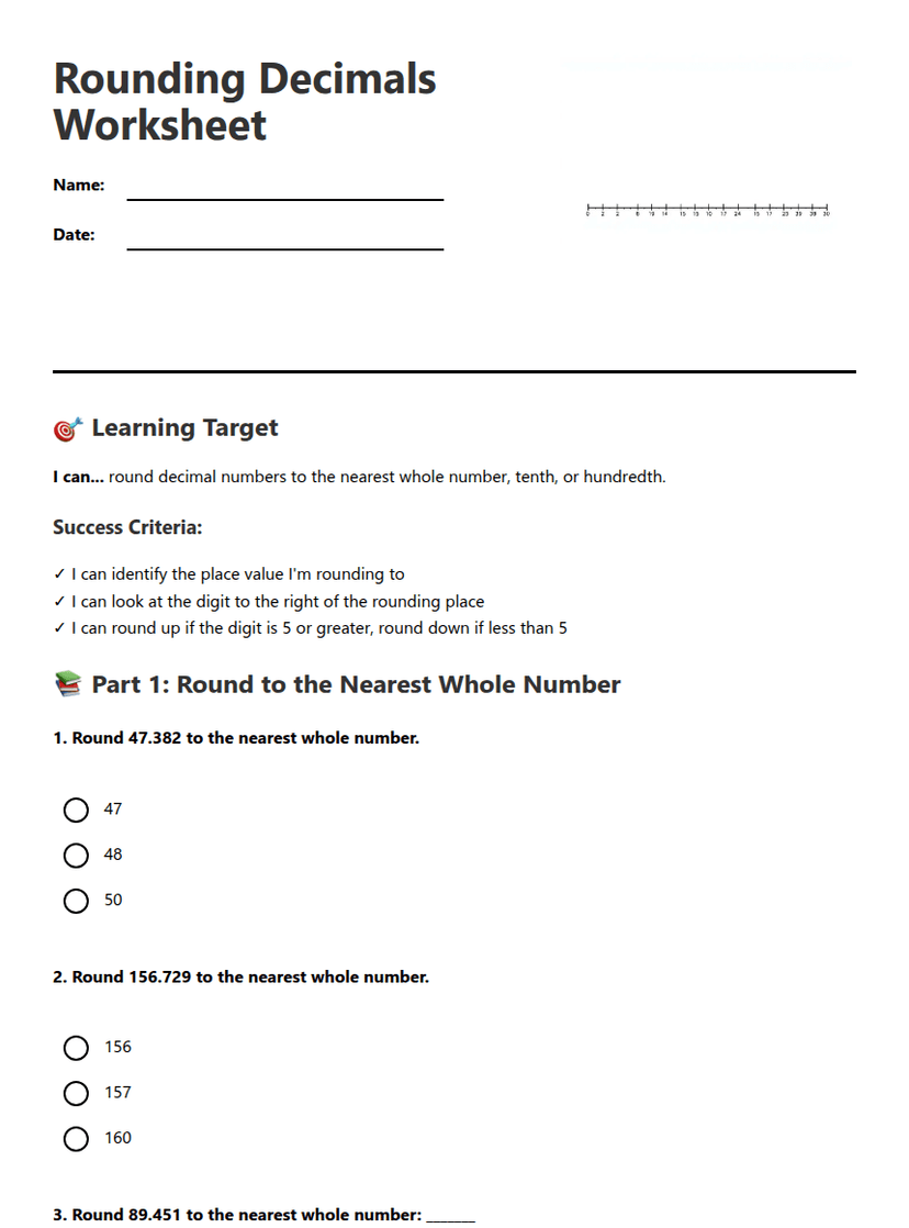 Rounding Decimals Worksheet