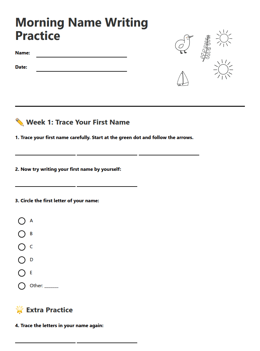 Morning Name Writing Practice worksheet preview