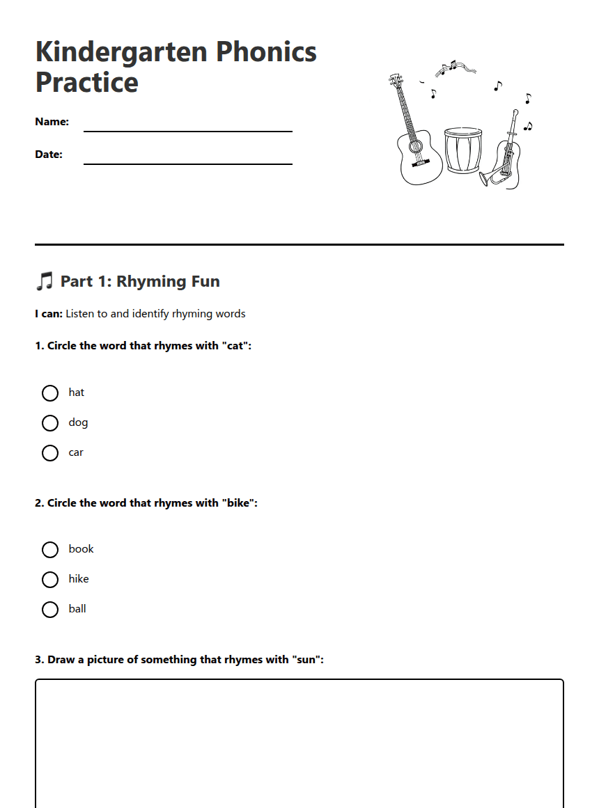 Kindergarten Phonics Practice worksheet preview