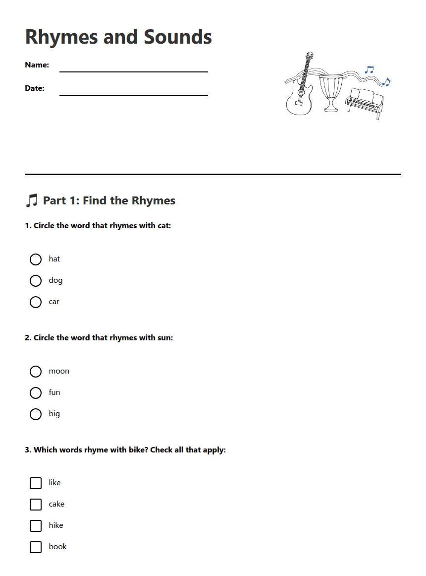 Rhymes and Sounds worksheet preview