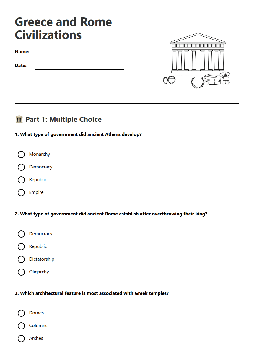 Greece and Rome Civilizations worksheet preview