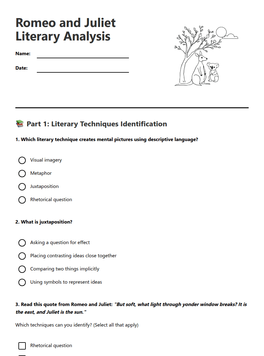 Romeo Juliet Literary Analysis worksheet preview