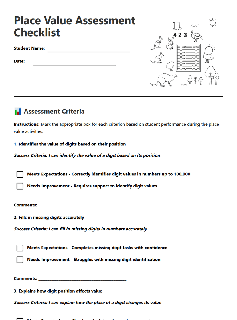 Place Value Assessment Checklist