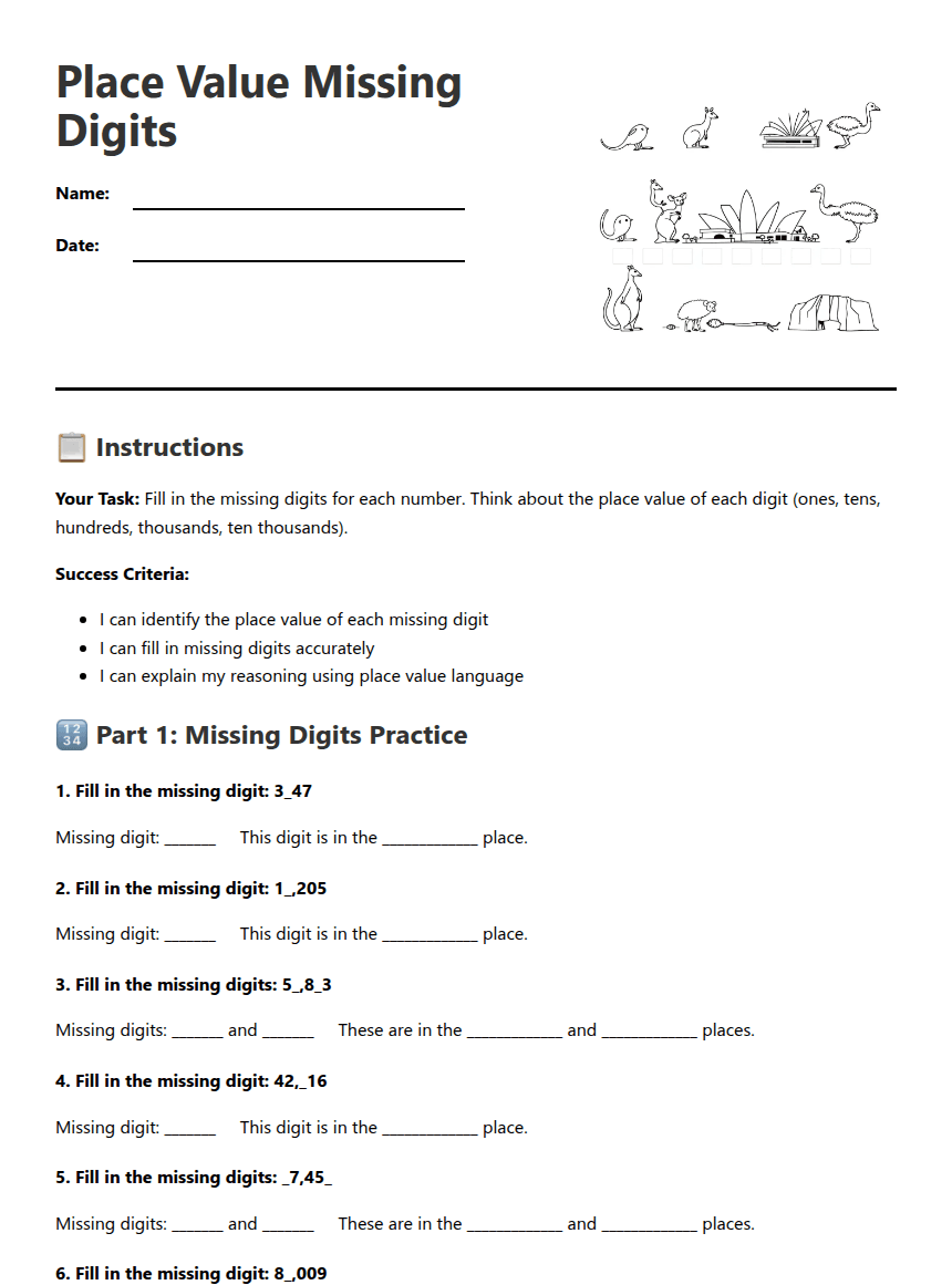 Place Value Missing Digits worksheet preview