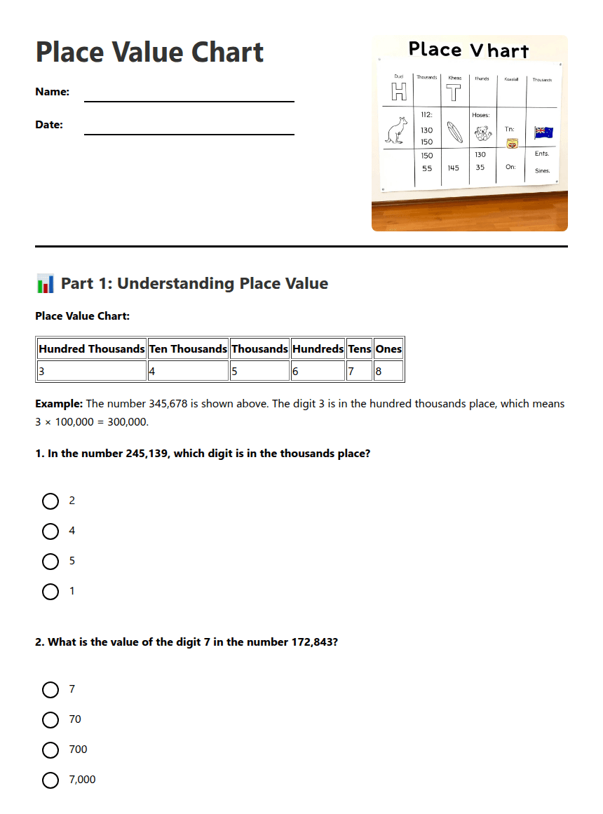 Place Value Chart worksheet preview