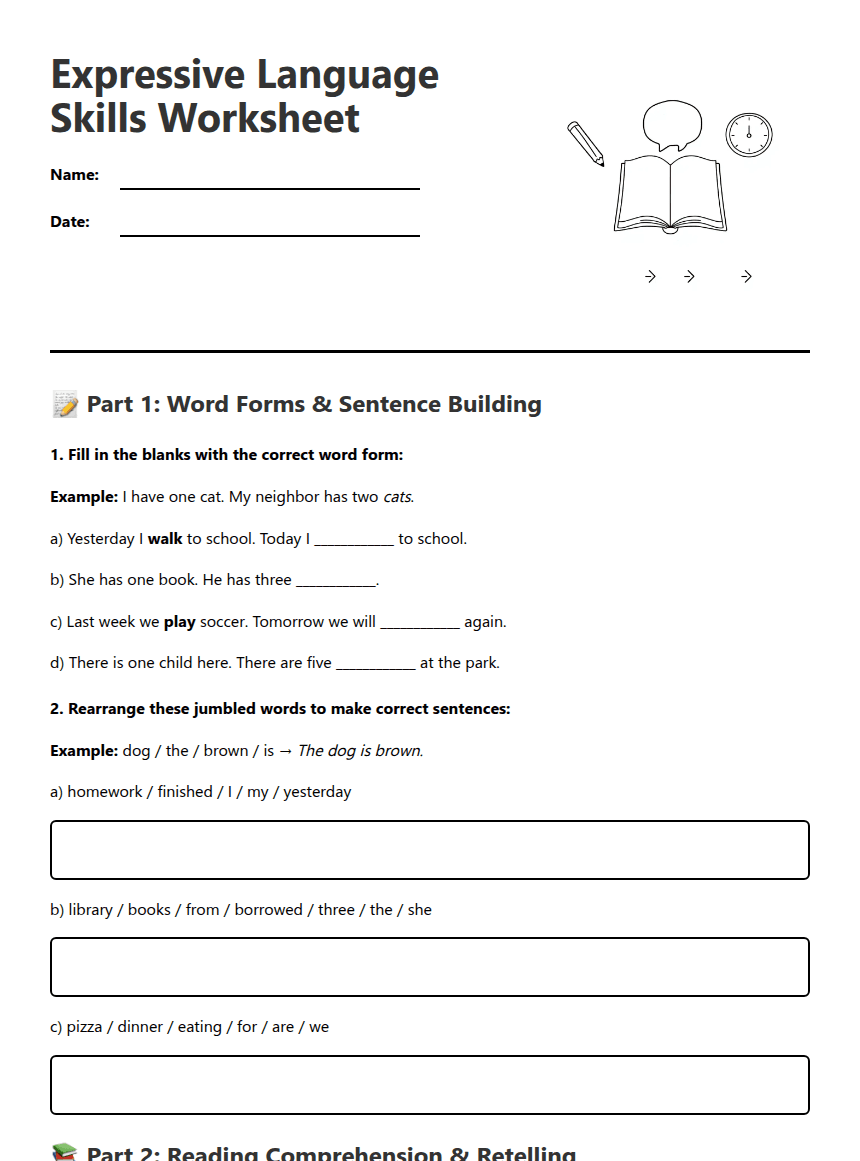 Expressive Language Skills Worksheet worksheet preview